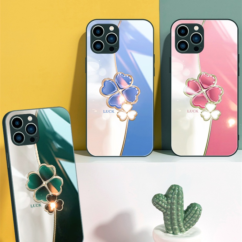 Hard Case Tempered Glass Motif Lucky Clover Untuk iPhone 14 Pro Max 14 Plus 13 12 11 Pro Max X Xr Max