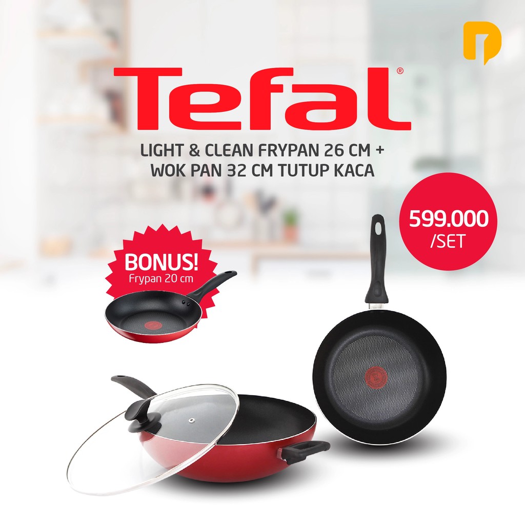 Tefal Light N Clean Frypan 26 + Wok Pan 32 cm Tutup Kaca | Tefal Panci Set Cookware