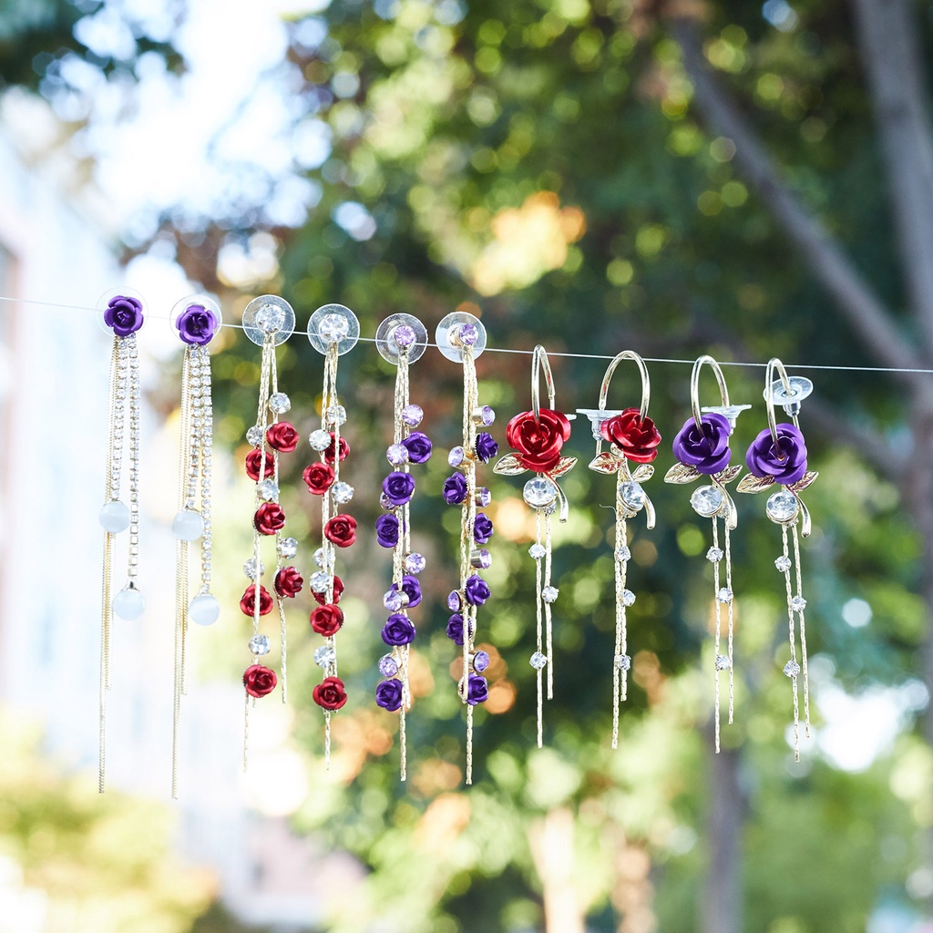 Anting Tusuk Gantung Desain Bunga Mawar Merah + Ungu Hias Berlian Imitasi Untuk Wanita