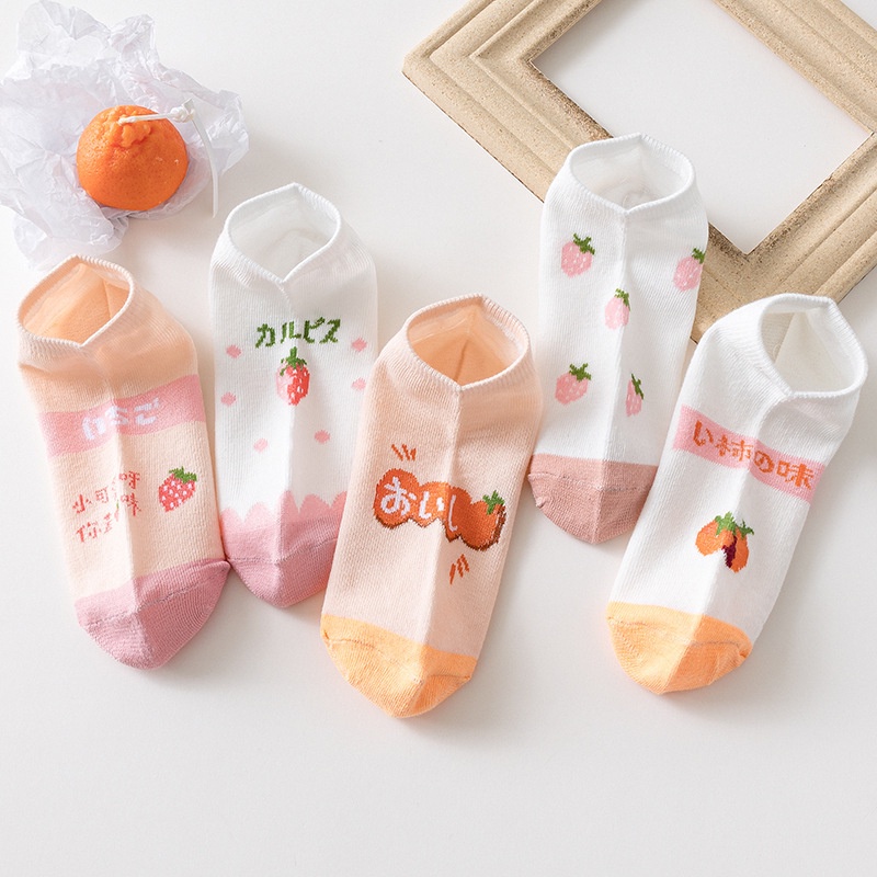 BV.ID• KK808 Kaos Kaki Pendek Wanita Motif Buah Strawberry Orange Fashion Korean Unisex Semata Kaki Oren Peach Putih Socks