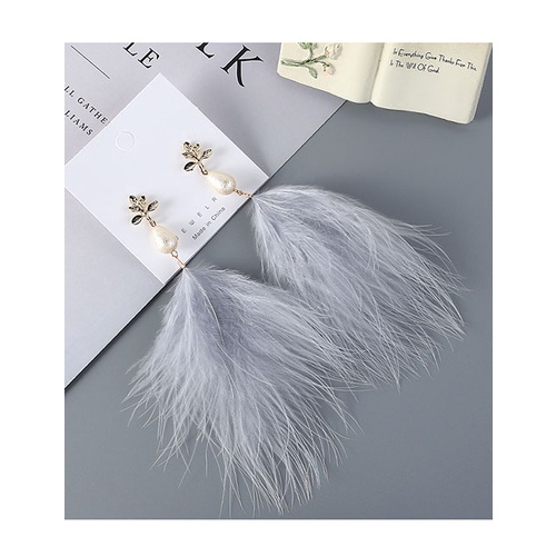 LRC Anting Tusuk Fashion Feather Pearl Alloy Leaf Stud Earrings Y63774