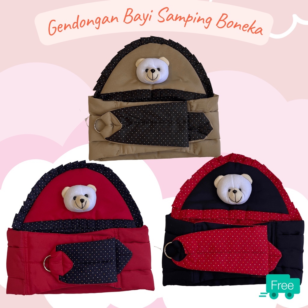 Gendongan bayi samping topi boneka polkadot