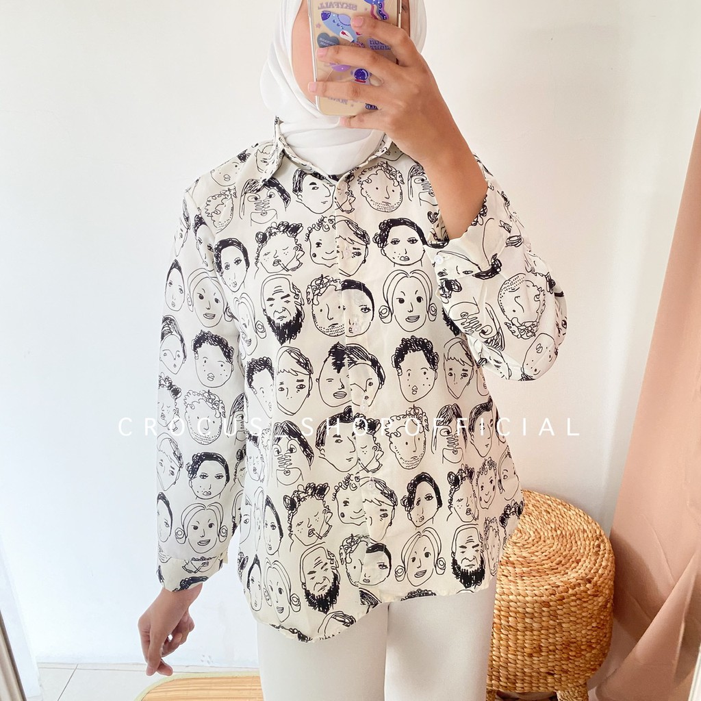 [ 𝐂𝐫𝐨𝐜𝐮𝐬 ] Kemeja wanita retro korea Face mix Wolfis-Face PJ - WHITE