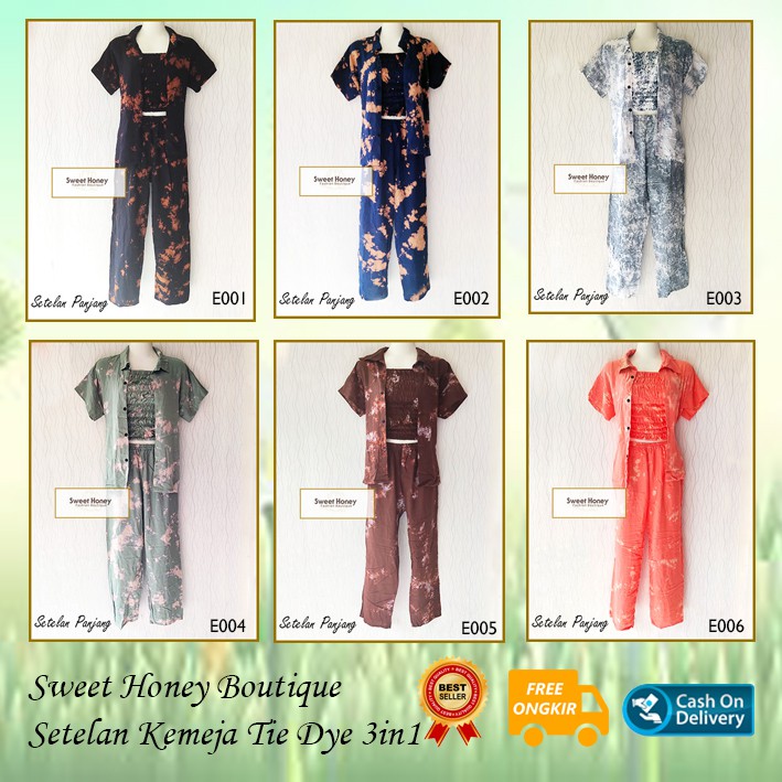 Sweet Honey ~ Setelan 3in1 Tiedye Pajamas Kemeja Kemben Kerut Celana Panjang Camisol Tiedye Bali