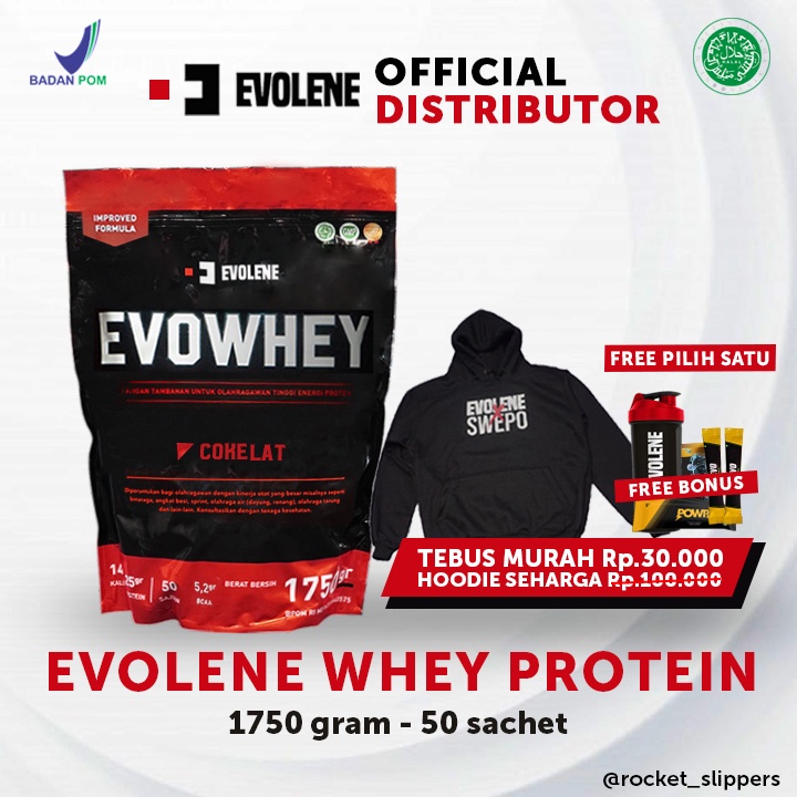 EVOWHEY PROTEIN EVOLENE WHEY PROTEIN 1,75 KG/1750 GR SUSU GYM 50 SACHET HALAL