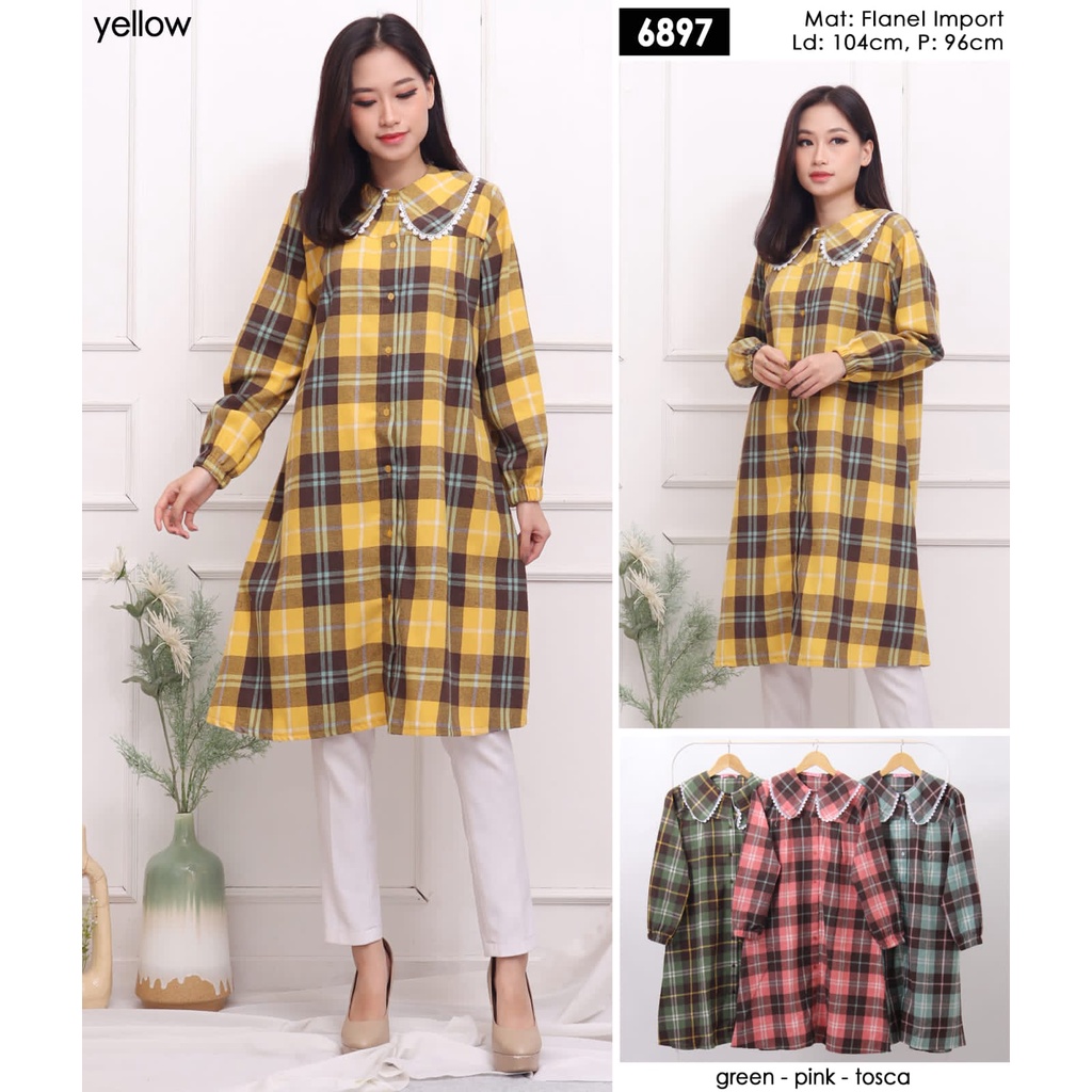 Flanel Tunik / Baju Kemeja Bahan Flannel Import Motif Kotak-kotak / Long Tunic Long Shirt Kerah Kore