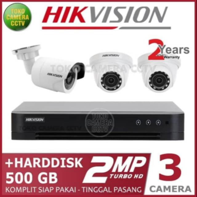 PAKET CCTV HIKVISION 2MP 4 CHANNEL 3CAMERA HDD 500GB