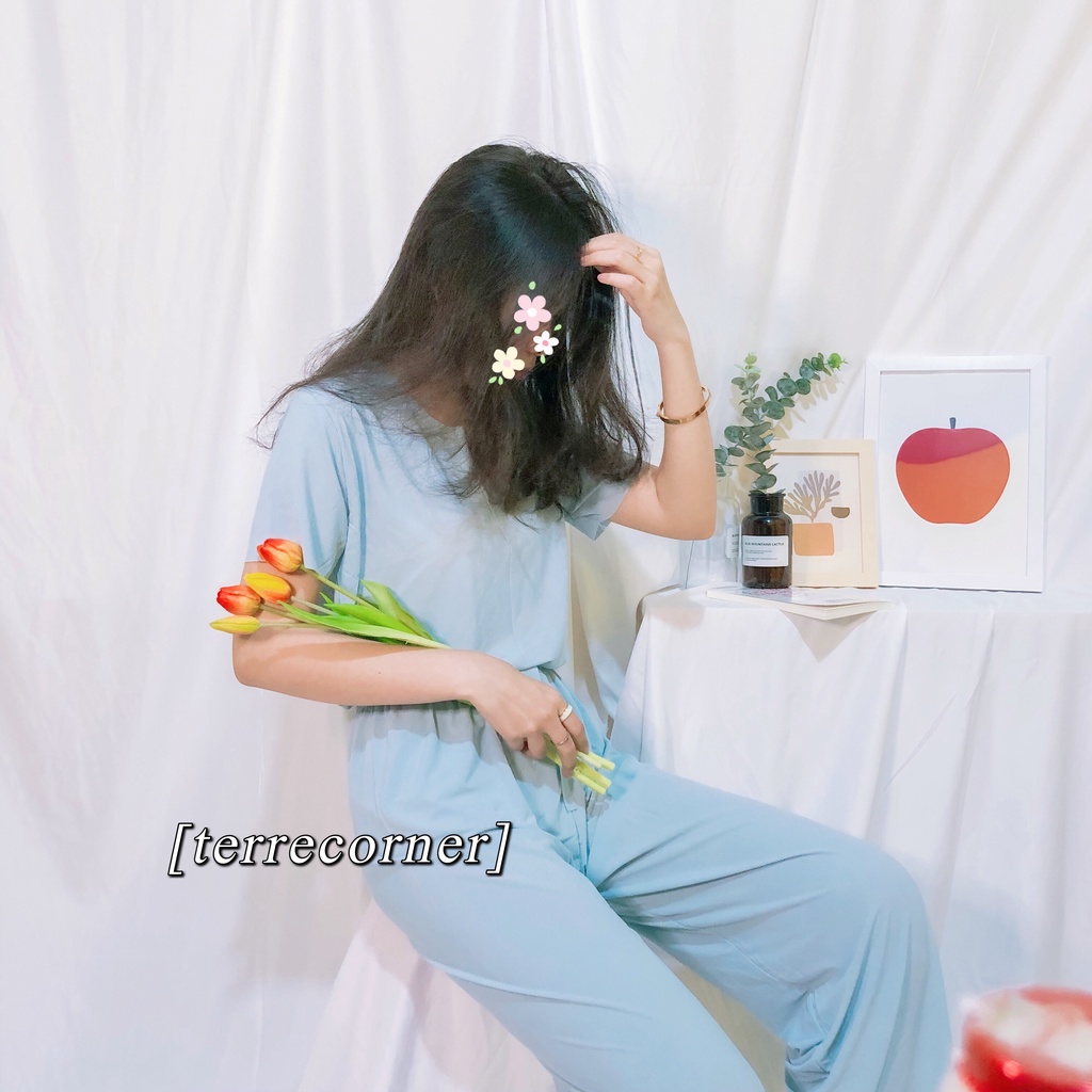 BAJU TIDUR WANITA PIYAMA WANITA PIYAMA PANJANG WANITA BAJU TIDUR PANJANG WANITA BAJU TIDUR PIYAMA PIYAMA LENGAN PENDEK BAJU TIDUR WANITA POLOS THARA LONG SET-Biru