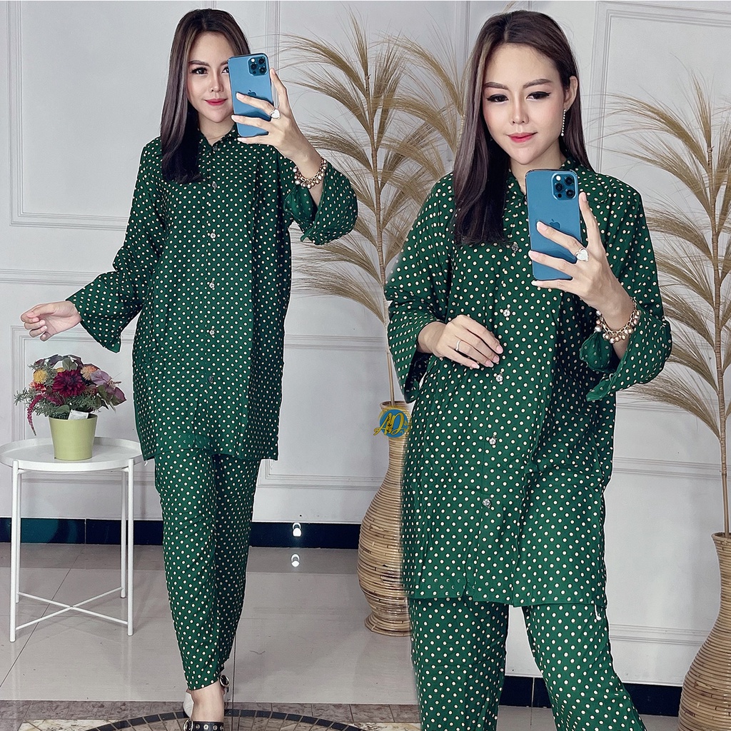 Set Piyama Daster Rayon Kancing Depan Busui Polkadot Lengan Panjang Busui Kekinian