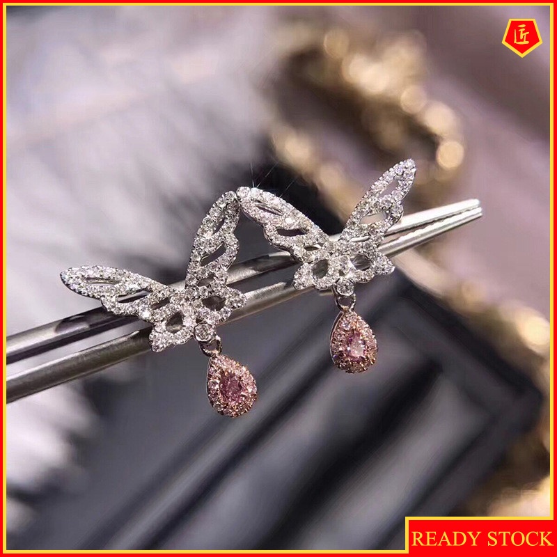 [Ready Stock]Fairy 18K Gold Pink Diamond Butterfly Stud Earrings