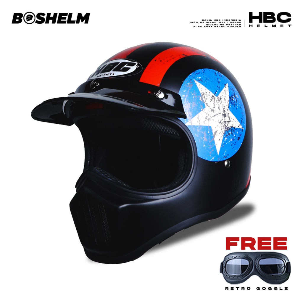 BOSHELM Helm Cakil HBC CAPTAIN AMERICA BLACK Helm Retro Full Face SNI