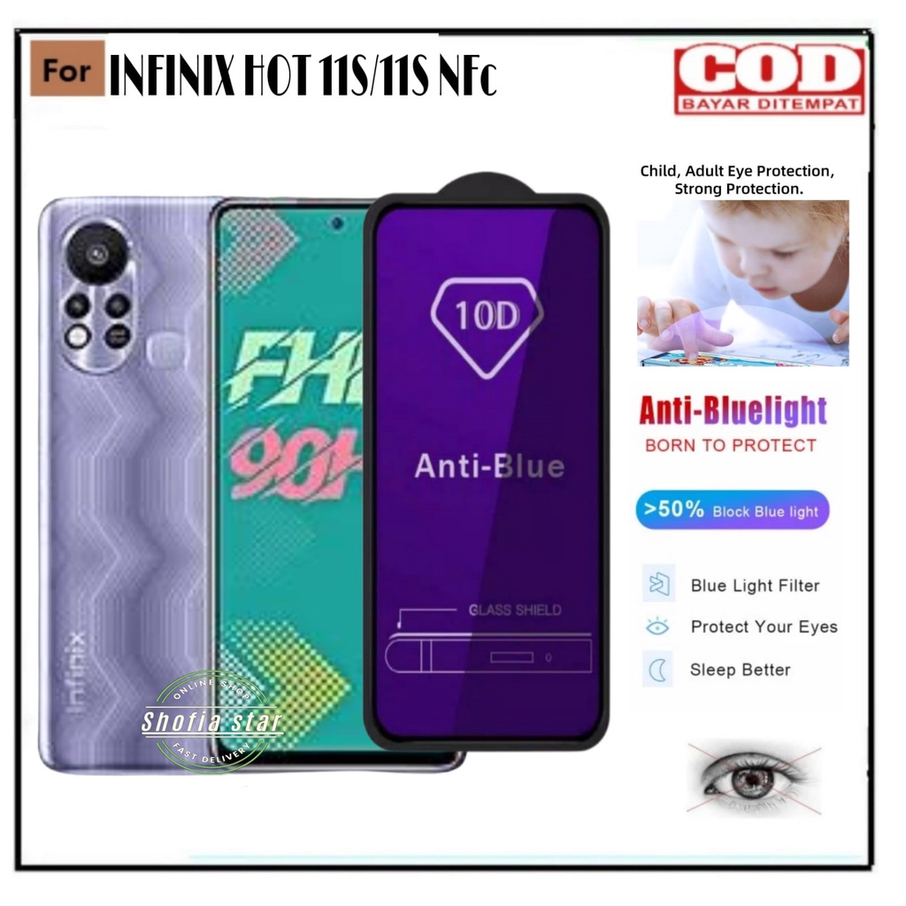 TEMPERED GLASS BLUE LIGHT INFINIX HOT 11S/11S NFC TG LAYAR ANTI RADIASI KACA FULL COVER