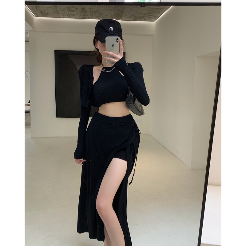 Setelan wanita musim panas pendek lengan panjang kardigan kamisol high-waisted lace-up split skirt fashion tiga potong trendi