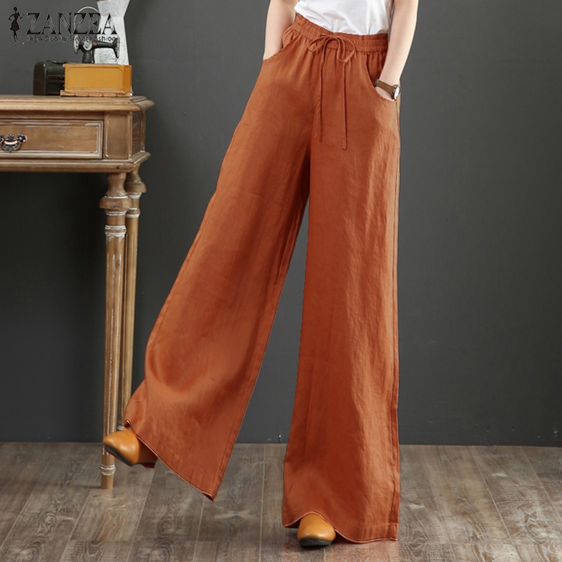 ZANZEA Women Casual Wide Legs Elastic Belted Solid Color Long Pants