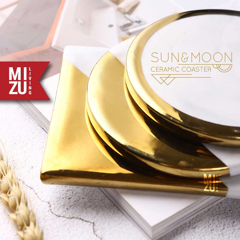 SUN &amp; MOON Ceramic Coaster Marble Motif Gold-Plated Rim Tatakan Gelas Keramik Marmer Sepuh Emas