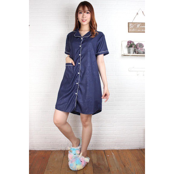 Fortglass DST Saten Sleepwear Baju Tidur Daster Wanita Dewasa Lengan Pendek Satin Embos-NAVY