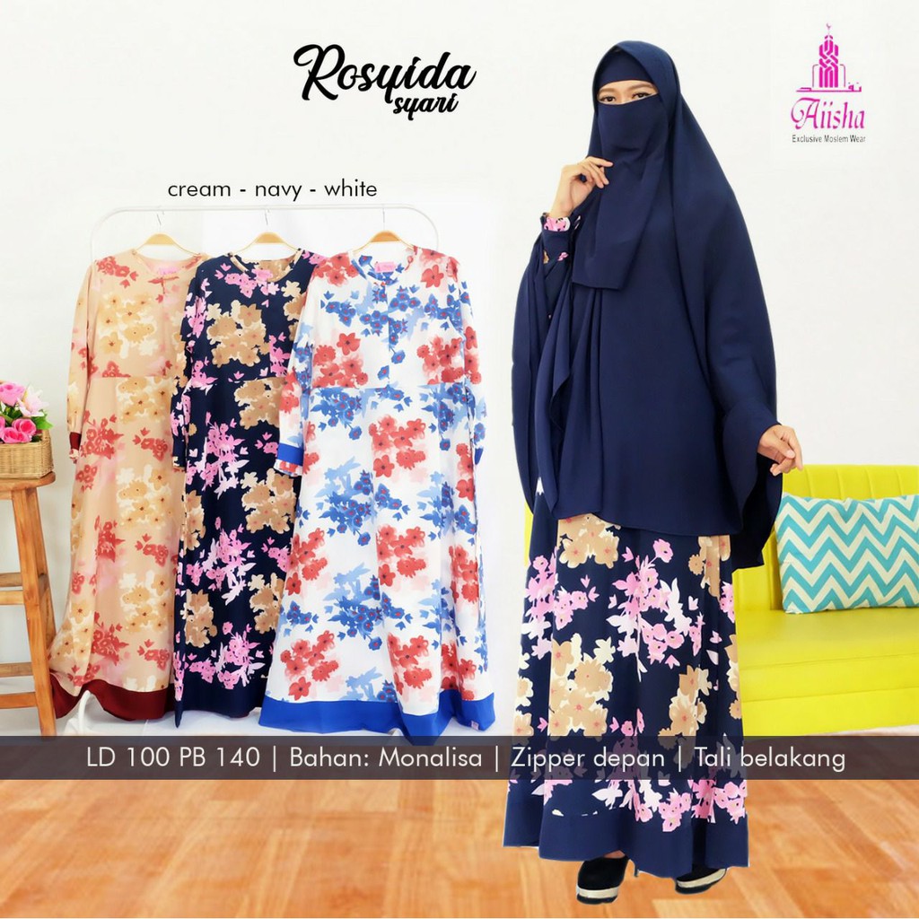 Gamis Set Khimar Cadar Niqab Syari Terbaru Motif Bunga Bahan Monalisa Adem Rosyida Set Original Aiis