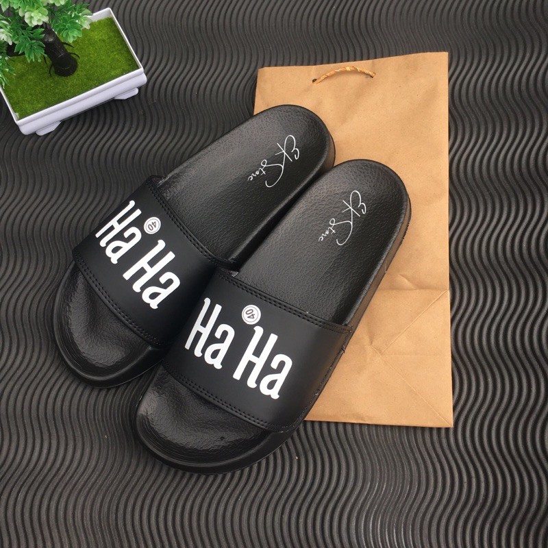 Sandal Slop Pria Slip On EKStore Ha Ha / Sendal Slop Premium Hitam Motif Free Paperbag EKSLUSIF!!!