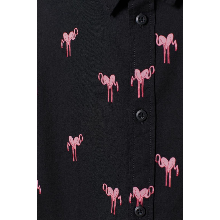 H&amp;M Kemeja Black Flamingo 100% Katun Patterned Cotton Shirt Original Hitam Divided HnM