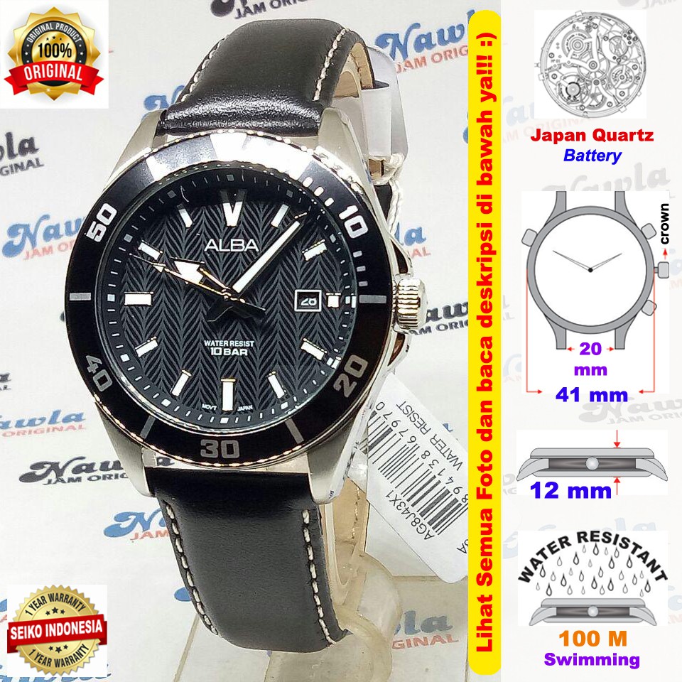 Alba Quartz AG8J43X1 Analog Black Leather - Jam Tangan Pria AG8J43