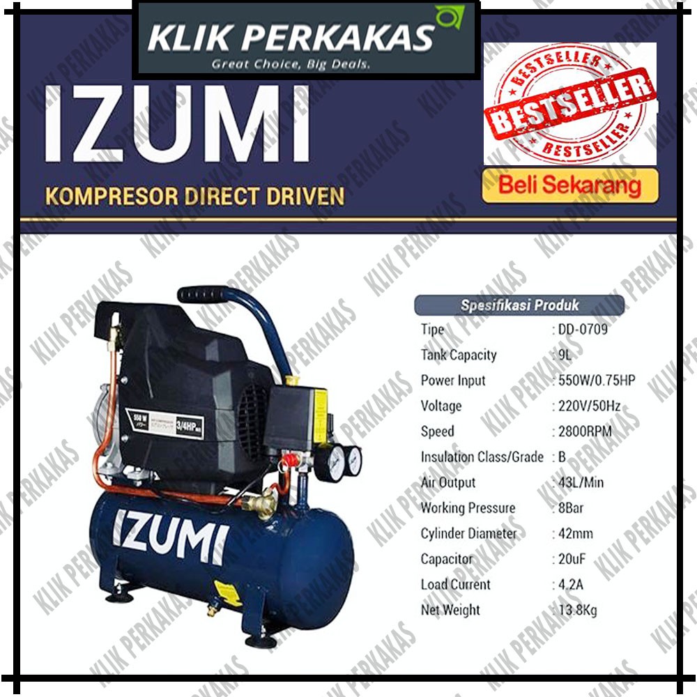 IZUMI Air Compressor Direct Kompresor Angin Listrik 3/4 HP 9L DD 0709 DA 0709 Japan