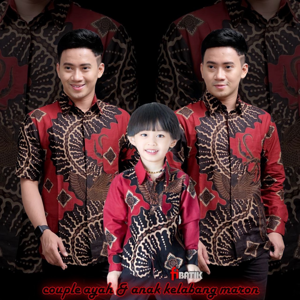 Baju Batik Couple Ayah dan Anak Lengan Panjang Motif Terbaru Kelabang maron Usia 2-13 th-baju batik pria-batik pria lengan pendek