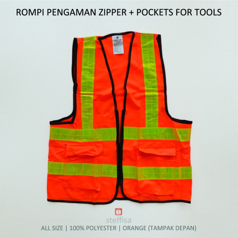 ROMPI PENGAMAN | safety vest polyester dengan zipper kantong pockets for tools mekanik