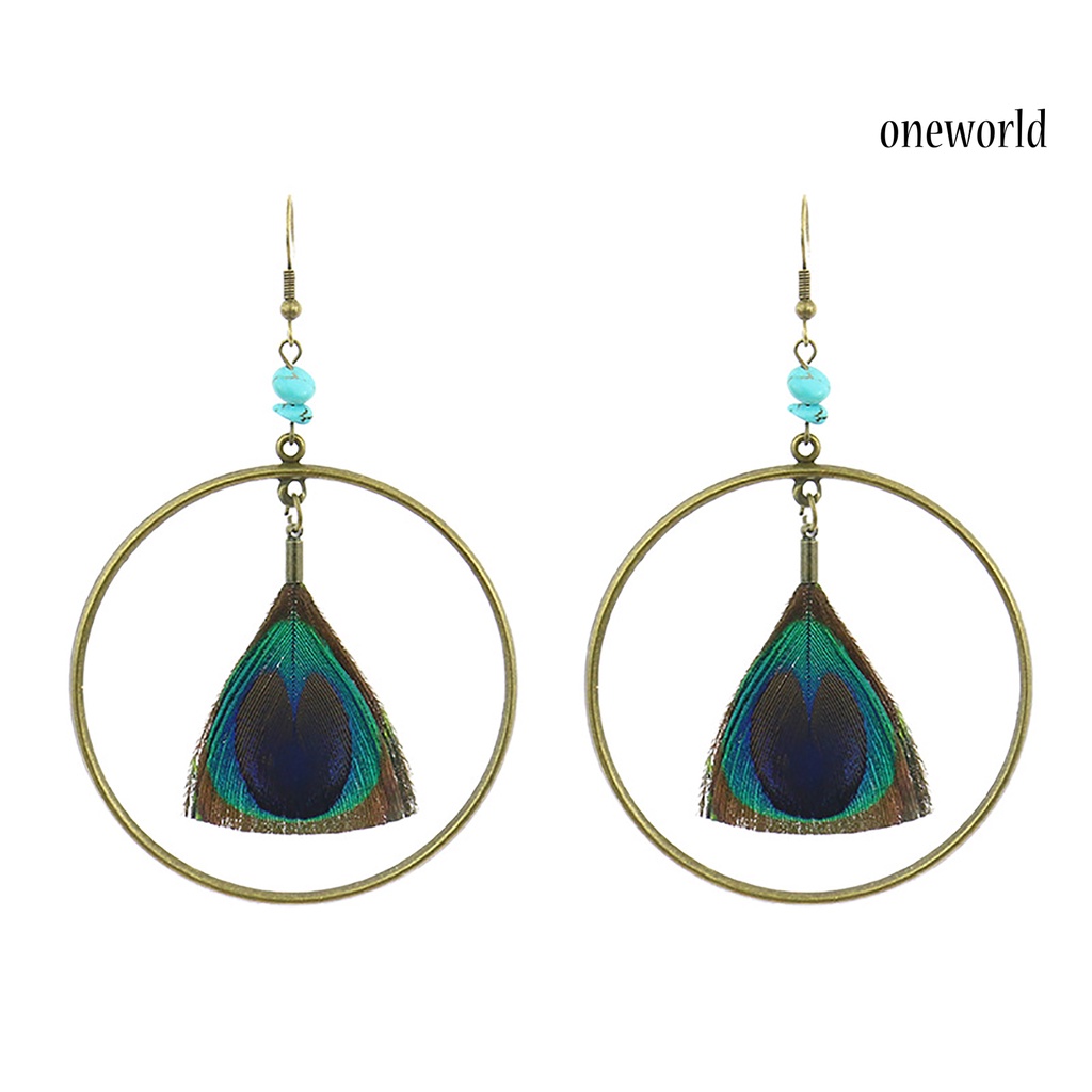 OW# Peacock Feather Drop Earrings Ethnic Style Women Geometric Shape Circle Hook Earrings Jewelry Accessory