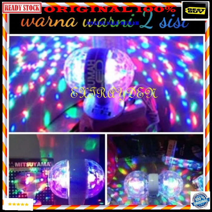 G201 Mitsuyama ori 100% lampu led disco dua sisi duduk lamp kelap kelip bohlam sinar cahaya multi warna warni motif variasi full color colour dobel double original  Tinggal colok saja gmnpng pasang nya  Spesifikasi: - Lampu Disco 2 sisi - Sumber Daya AC 2