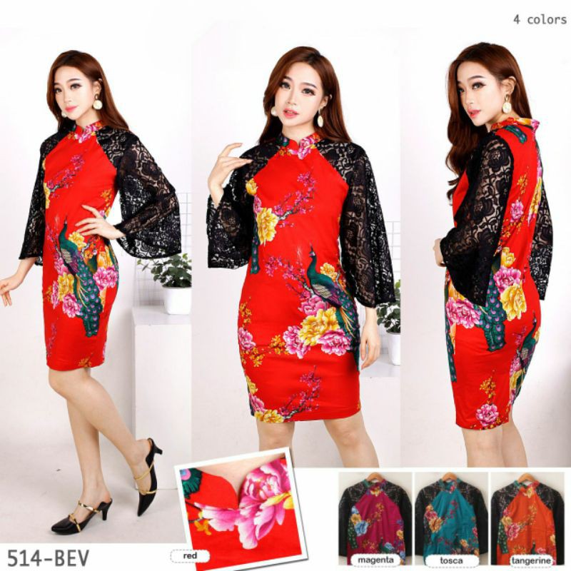 514 BEV Dress batik pesta, dress merah, cheongsam, merak