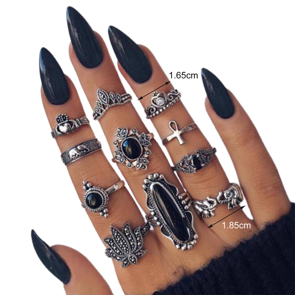 Hu Hu Hu Hu Hu Alat Bantu Pasang Kacamata♡ 11 / 13 / 15pcs Cincin Knuckle Bahan Alloy Desain Ukiran Bunga Hias Permata Imitasi Warna Hitam Gaya Bohemian