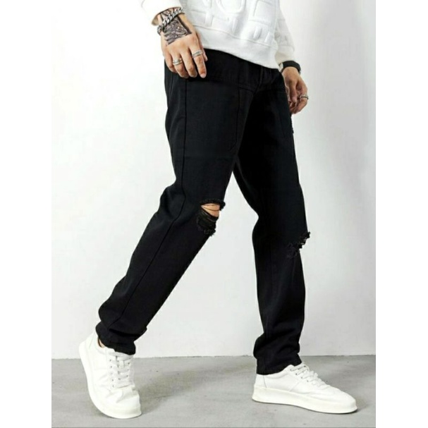 CELANA SOBEK PRIA RIPPED JEANS ROBEK STANDAR REGULER BASIC JINS HITAM 27-38