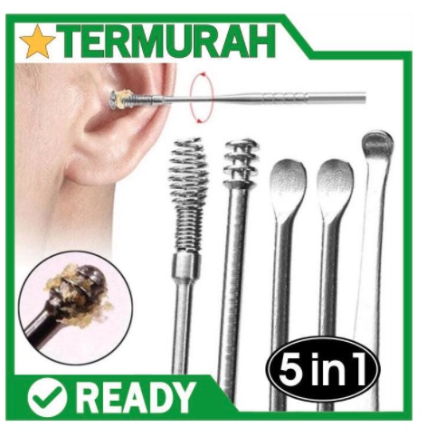 Alat pembersih kotoran telinga set korek kuping stainless anti karat 5 in 1