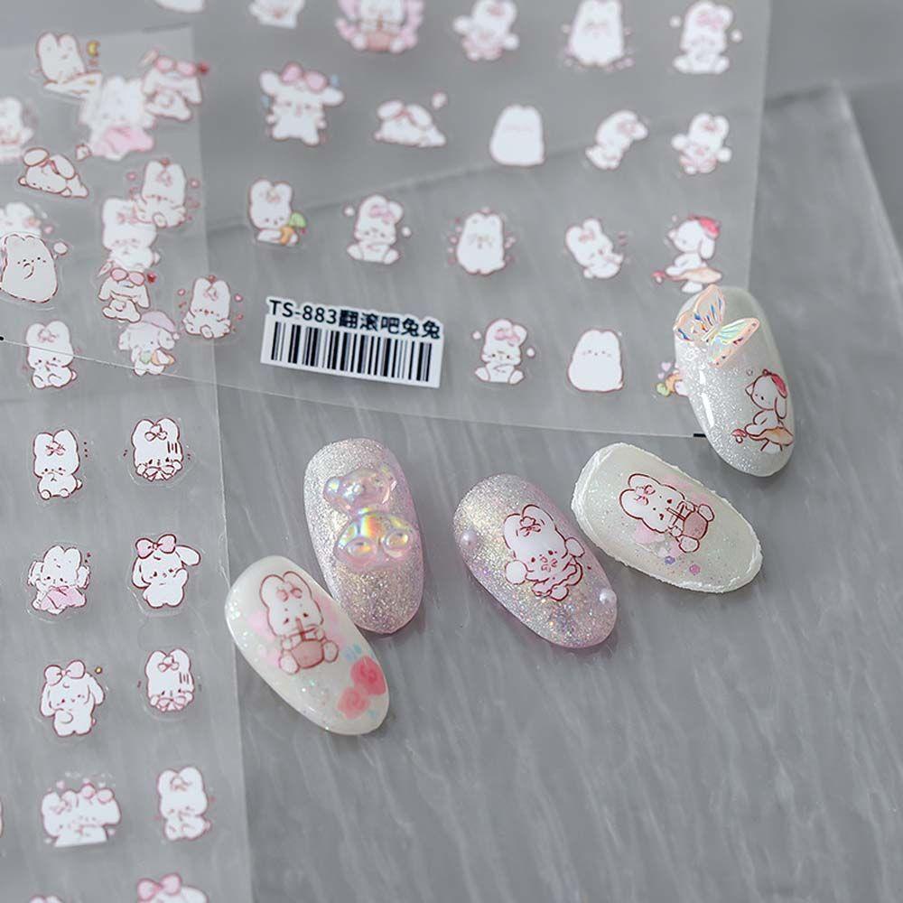 AUGUSTINA Agustina Bunny Nail Art Sticker Putih Lucu Decal Strawberry Rabbit Relief DIY Alat Nail Art