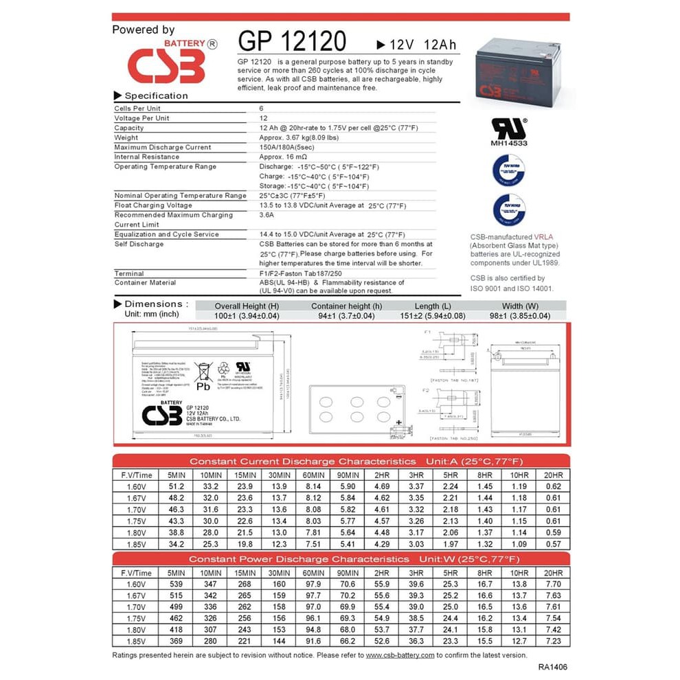 Battery CSB 12V12Ah, Baterai Kering CSB 12V 12AH, CSB 12V12AH