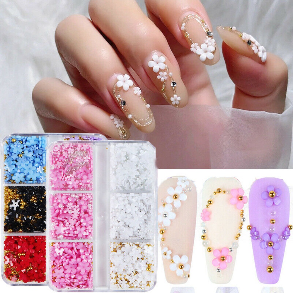 6 Grid / Box Manik-Manik Kristal Mutiara Bunga 3D Bahan Metal Akrilik Untuk Dekorasi Nail Art