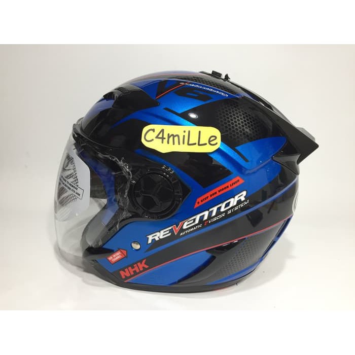 TERBARU DAN MURAH HELM NHK REVENTOR VALCO BLUE METALIC BLACK DOUBLE VISOR HALF FACE ,