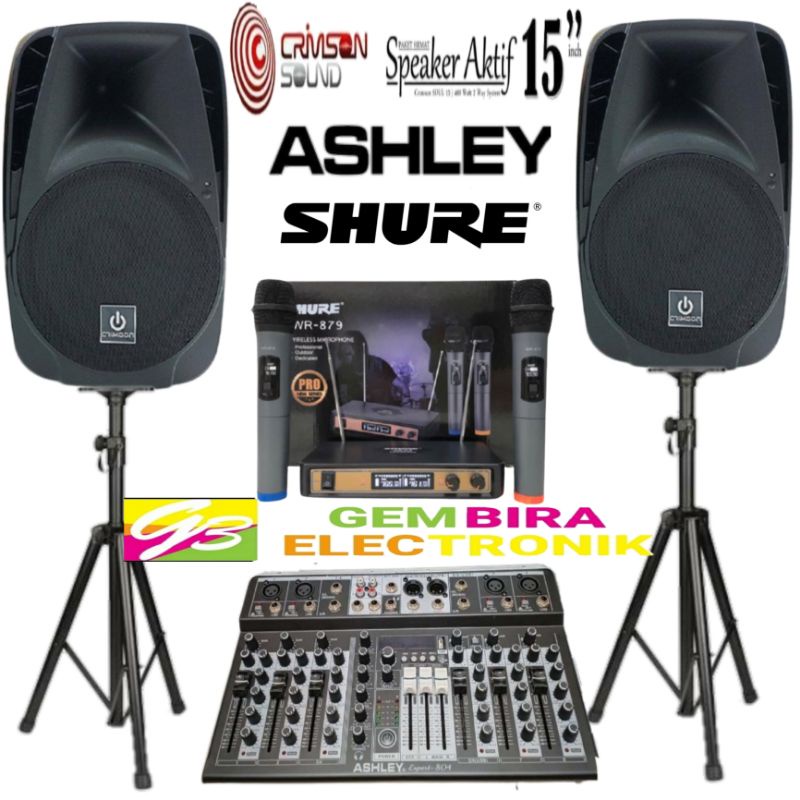 Jual paket Speaker Aktif Pasif crimson 15 inch dan mixer Ashley 8