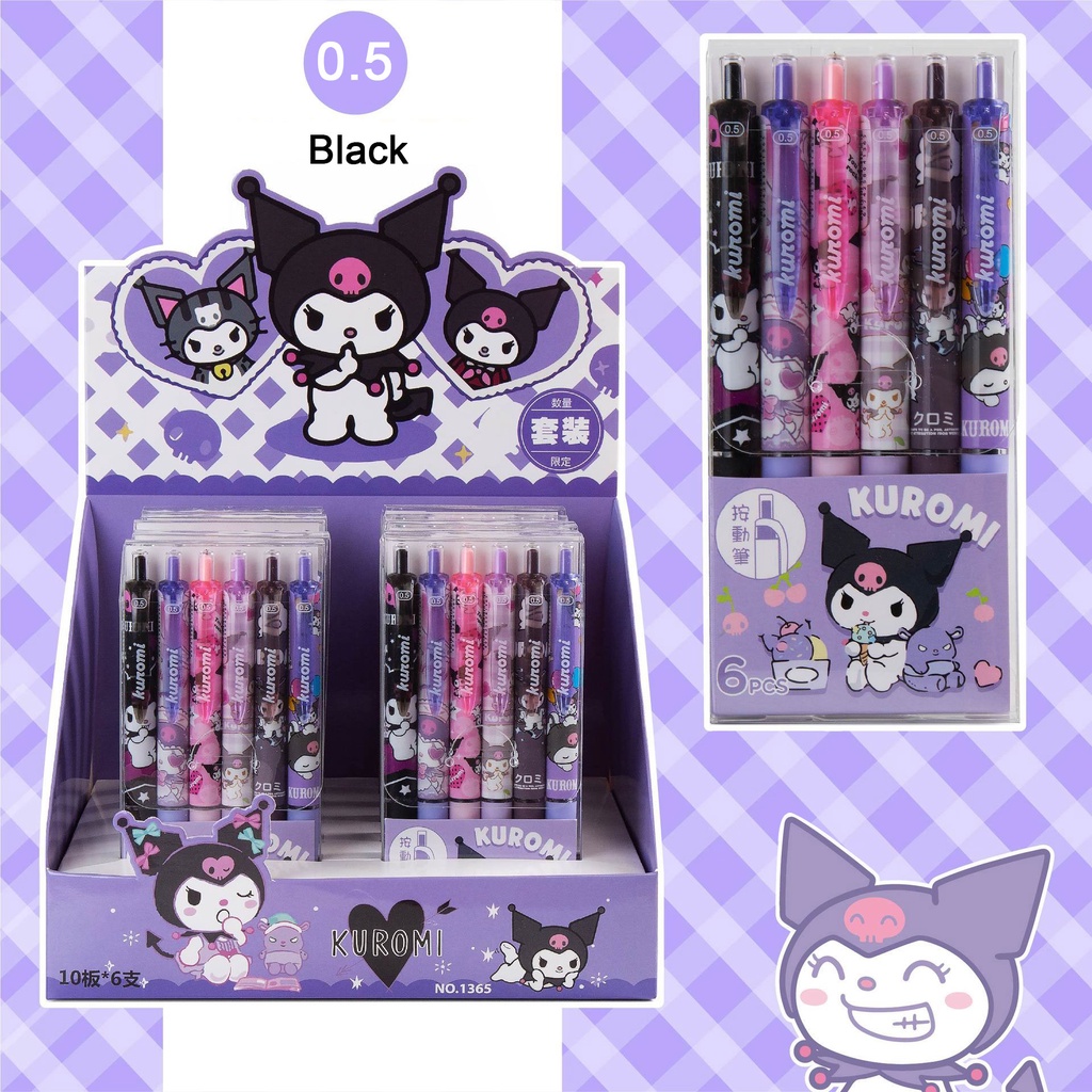 Kuromi 6pcs / Set Pulpen Gel 0.5mm Tinta Hitam Motif Kartun Lucu Untuk Stationery Pelajar Wanita