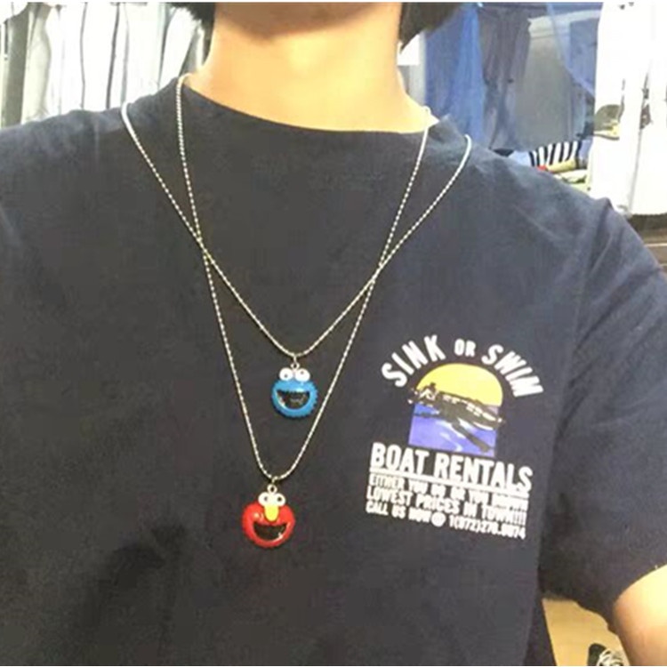 Retro kartun anak imut disco pasangan kalung Merah Biru Sesame Street lucu liontin sweater rantai ka