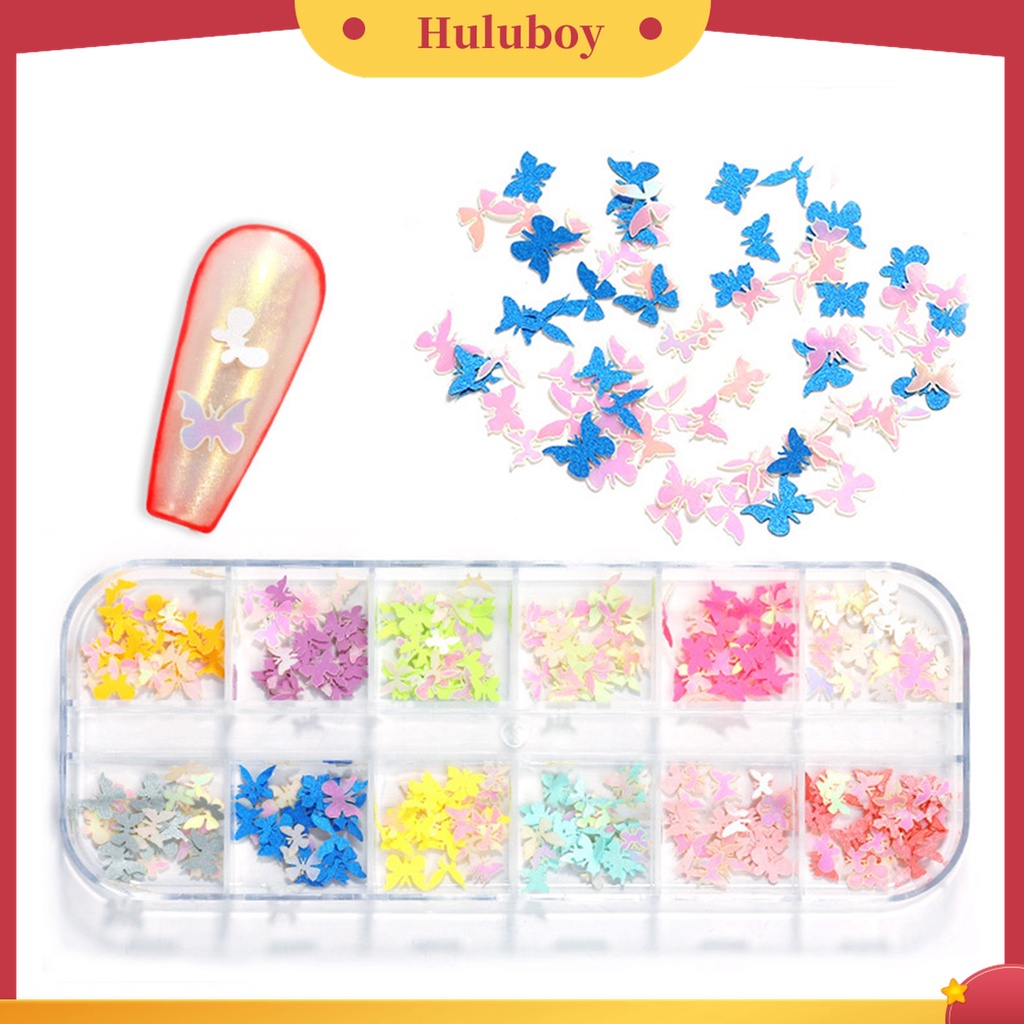 Huluboy Huluboy♡ 1 Kotak Stiker Kuku 3D Motif Kupu-Kupu Glitter 12 Warna Untuk Manicure