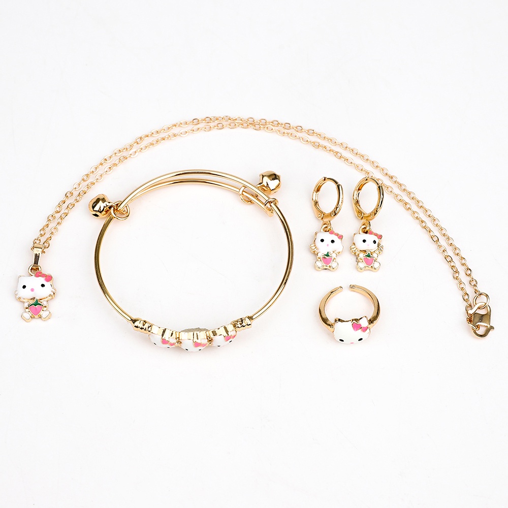 ✨D.G.C✨Titanium Set Perhiasan Anak Perempuan Lucu Hellokitty Kalung Gelang Anti Karat Anting Tusuk Cewek Jewelry Cincin D428