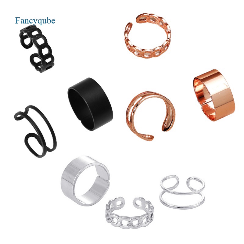 Fancyqube 3pcs / Set Cincin Desain Geometri Bulat Hollow Out Bahan Metal Gaya Hip Hop Rock Untuk Wanita