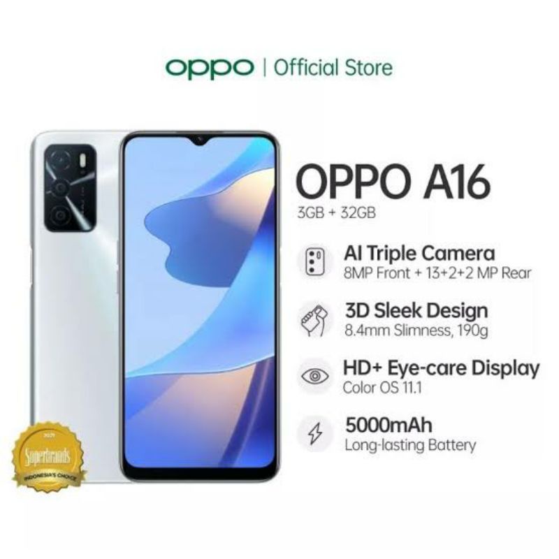 Oppo A16 ram 3/32 garansi nasional OPPO 1 tahun free handsfree