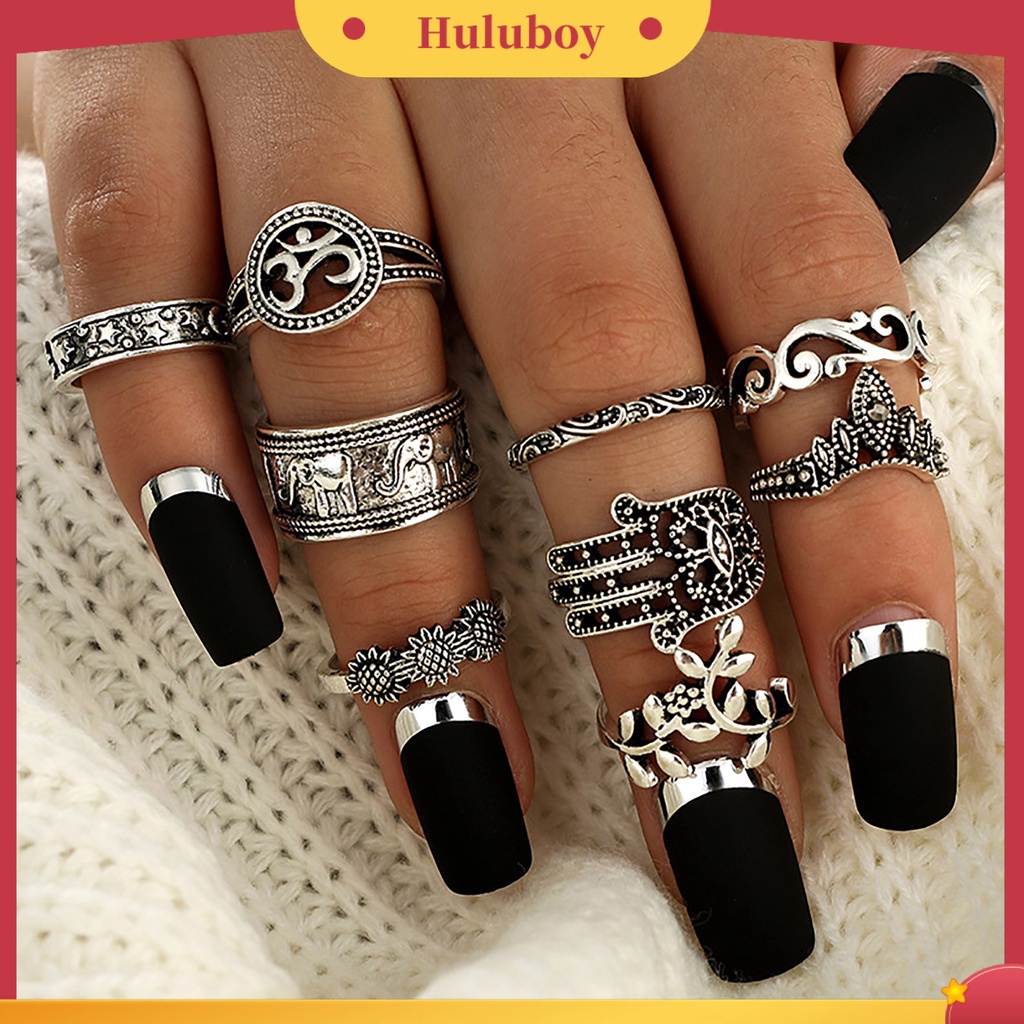 Hu Hu Hu Hu Hu Alat Bantu Pasang Kacamata♡ 9pcs Cincin Knuckle Desain Ukiran Bunga Hollow Warna Silver Gaya Bohemia Untuk Wanita