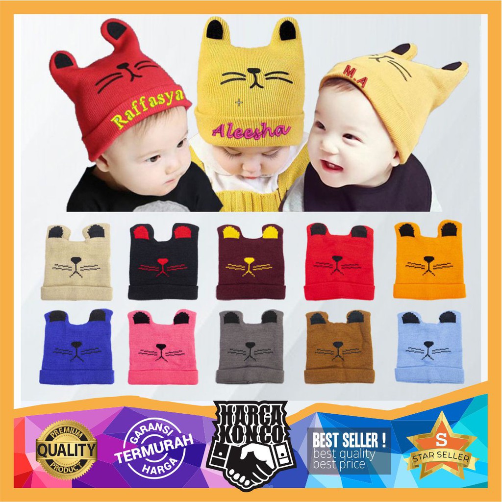 Kupluk Bayi BORDIR TOPI ANAK BALITA Cewek Cowok Karakter Kucing Polos / CUSTOM Nama Suka Suka