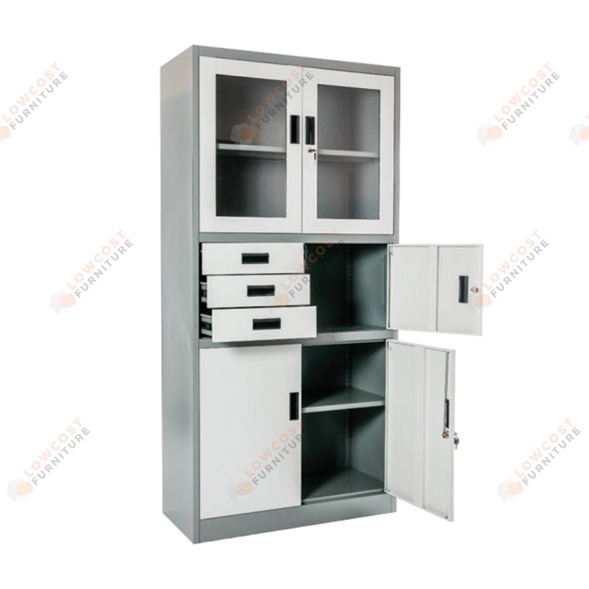 Lemari arsip kantor besi Kaca plus 3 laci dan safe box