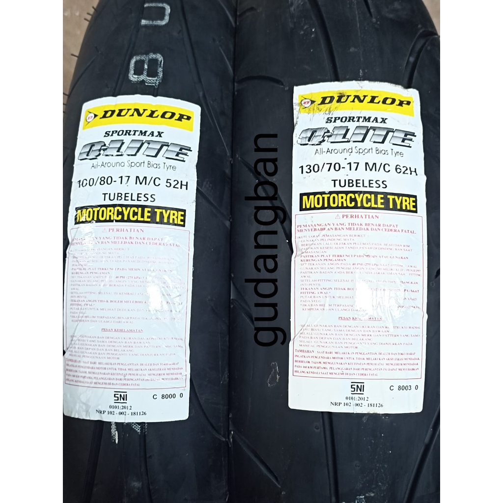 ( PAKET 2 BAN R17 ) QLITE 100 80 17 dan 130 70 17 DUNLOP SPORTMAX motor SPORT Tubeless FREE PENTIL