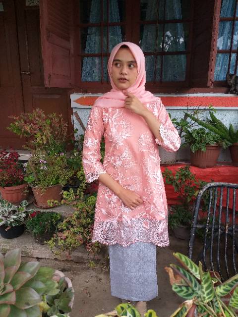 Baju kurung tulle bordir 3D peach