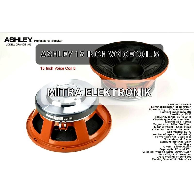 Speaker Component Ashley 15" 155 Orange Voice Coil 5 Special Subwoofer Ashley 15 inch Orange ashley 